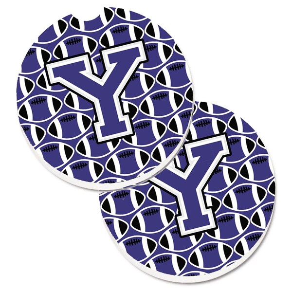 Carolines Treasures Letter Y Football Purple and White Set of 2 Cup Holder Car Coaster CJ1068-YCARC - main